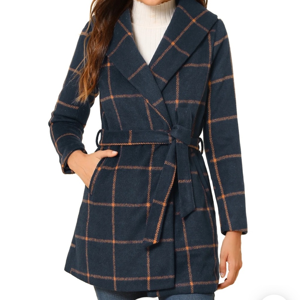 Allegra K Women's Plaid Belted Coat - Navy and Orange